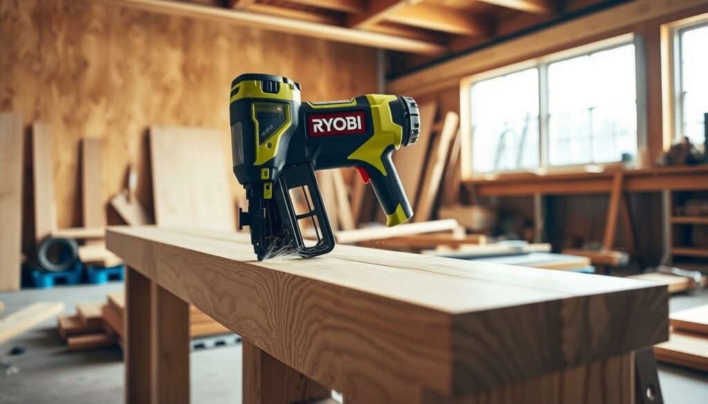 Ryobi finish nailer in use